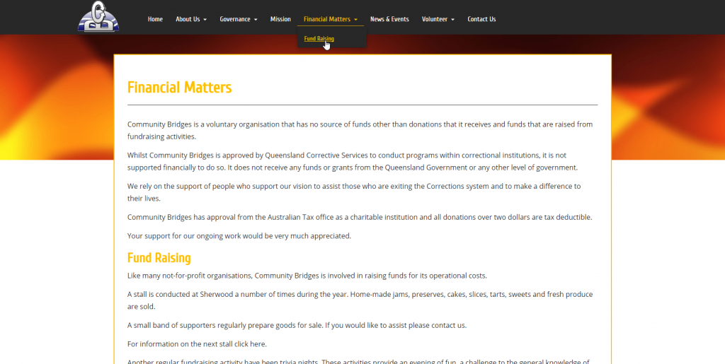 A general text page with formatted headings. The menu items link directly to headings in the page.